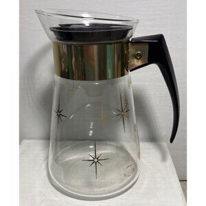 Corning Coffee Carafe Heat Proof Glass Gold Atomic Starburst 6 Cup MCM 8" Tall